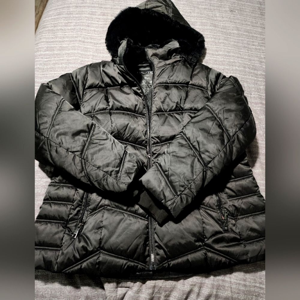 Nautica Puffer Jacket Faux Fur Trim Ruff Hood Black Winter Coat SZ XL